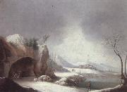 unknow artist A winter landscpae with travellers gathered aroubnd a fire in a grotto,overlooding a lake,a monastery beyond Spain oil painting reproduction